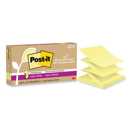 POST IT NOTES SUPER STICKY 100% Recycled Paper Super Sticky Notes, 3 x 3, Canary Yellow, 70 Sheets/Pad, 6PK 70007079778